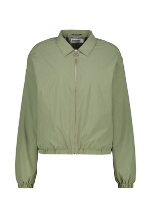 Hellgrüne Jacke mit durchgehendem Reißverschluss, Stehkragen, überschnittenen Schultern sowie elastischem Saum und Bündchen, gefertigt aus einem glatten, leichten Material.