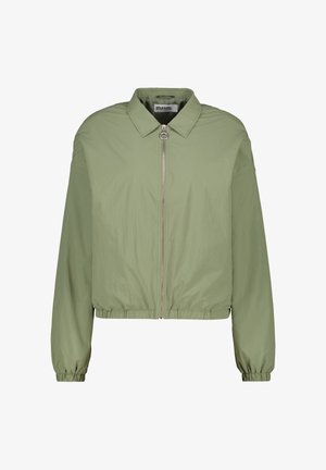 Hellgrüne Jacke mit durchgehendem Reißverschluss, Stehkragen, überschnittenen Schultern sowie elastischem Saum und Bündchen, gefertigt aus einem glatten, leichten Material.
