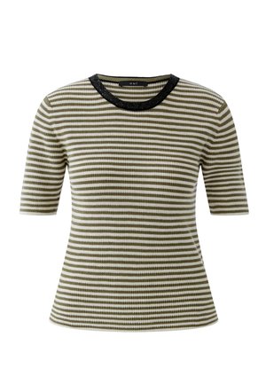 Haut à manches courtes côtelé avec des rayures horizontales vert olive et blanches, et un bord de col rond noir.
