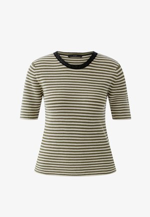 Haut à manches courtes côtelé avec des rayures horizontales vert olive et blanches, et un bord de col rond noir.