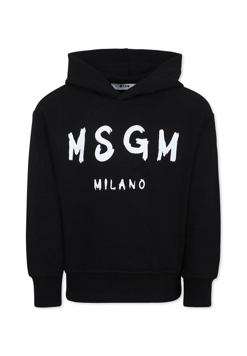 Felpa nera in cotone, con tasca frontale a marsupio, polsini a costine e testo bianco "MSGM MILANO" in un carattere audace e consumato.