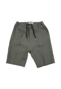 Olive green shorts made of lightweight fabric, featuring an elastic waistband with a drawstring and side pockets.