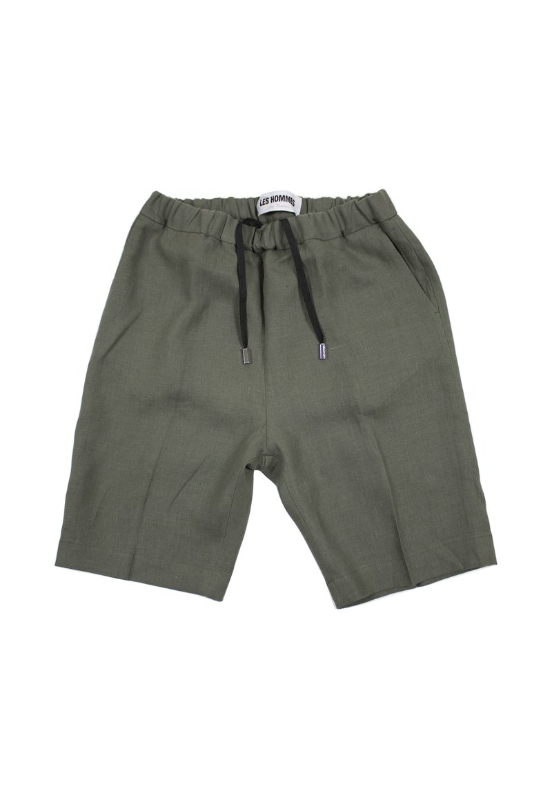 Olive green shorts made of lightweight fabric, featuring an elastic waistband with a drawstring and side pockets.