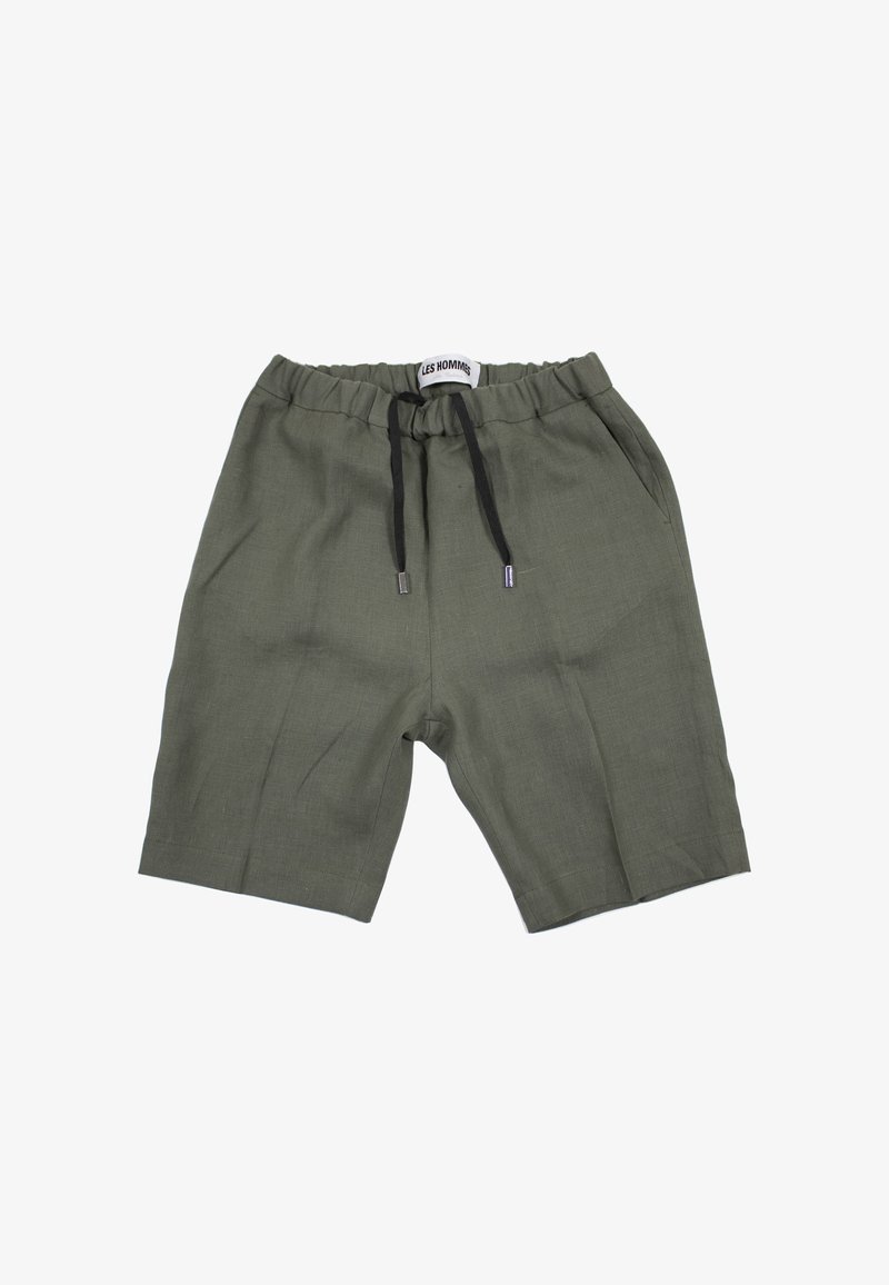 Olive green shorts made of lightweight fabric, featuring an elastic waistband with a drawstring and side pockets.