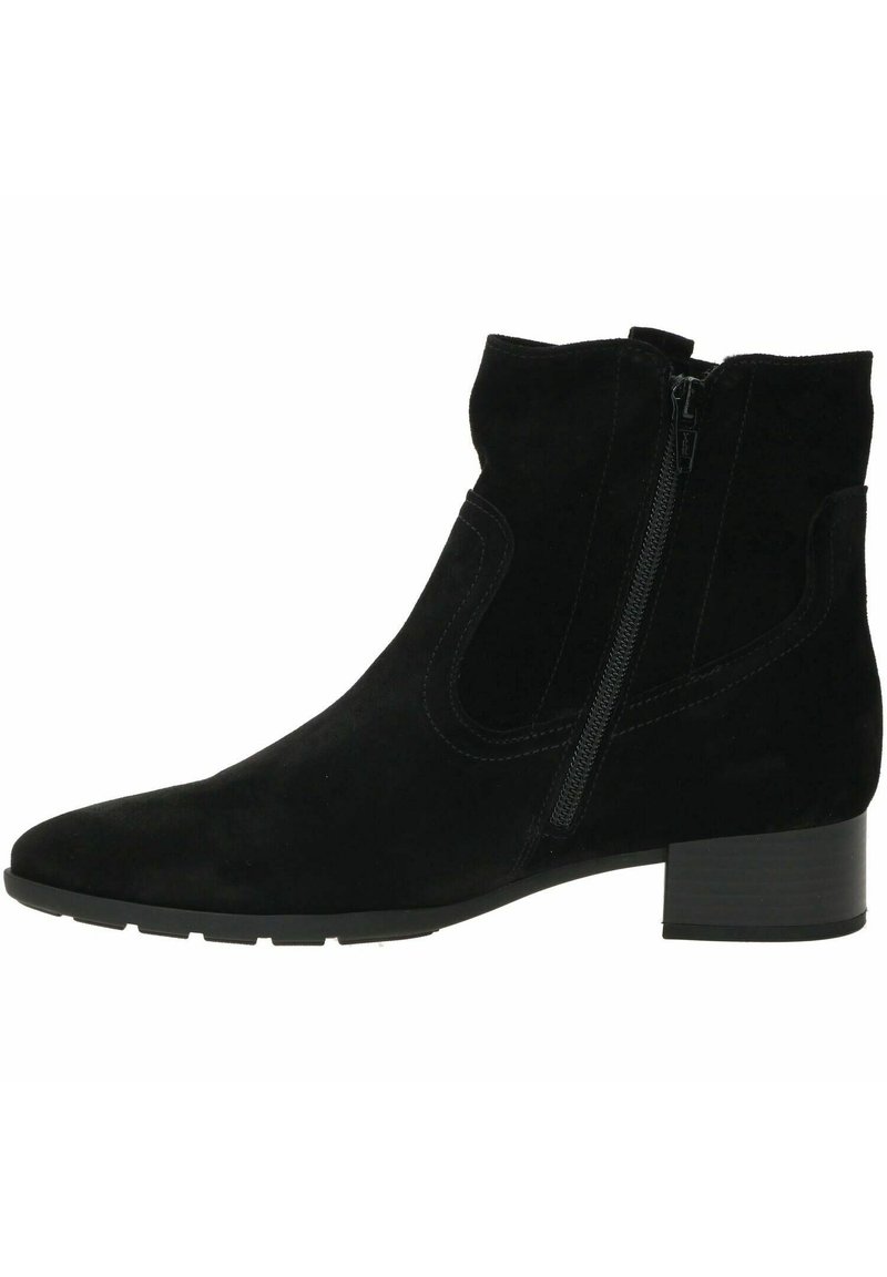 Stivali ankle in suede nera con zip laterale, punta arrotondata e tacco basso a blocco. Presentano una cucitura sottile e una texture liscia.