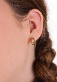 Gouden creolen met een glanzende band en ingelegde heldere stenen, weergegeven aan het oor tegen een achtergrond van gevlochten bruin haar.