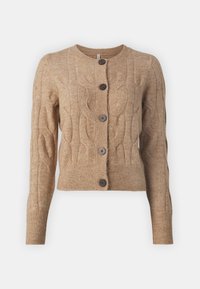 Beige lõngakootud kardigan ümmarguse kaelusega, ribidega mansettide ja äärega ning viis tumepruuni nööbid ees. Pehme villasegu tekstuur.