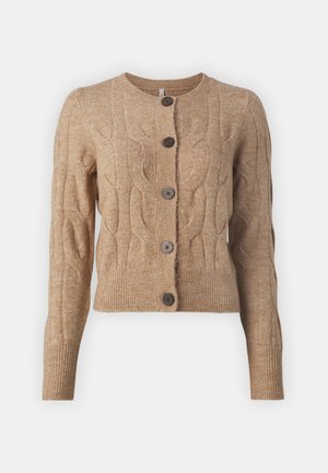 Cable-knit beige cardigan with a round neckline, ribbed cuffs and hem, and five dark brown buttons down the front. Soft wool blend texture.