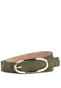 Cinturón de ante verde oliva con textura suave, que incluye una hebilla metálica ovalada y múltiples agujeros de ajuste para el tamaño.