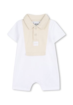 Kurzärmlicher Polo-Strampler in Weiß und Beige, mit Kragen, Drei-Knopf-Verschluss und strukturierter Stoff mit Logo-Patch.