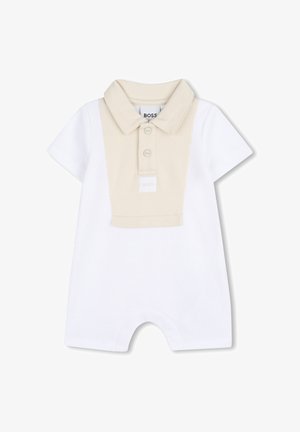 Tutina polo a maniche corte in bianco e beige, con collo con risvolto, chiusura con tre bottoni e tessuto strutturato con patch logo.