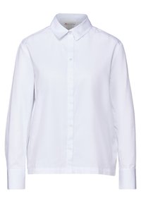 Camicia bianca a maniche lunghe in cotone, con colletto classico, chiusura a bottoni e polsini strutturati. Texture liscia, design minimale.