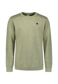 Lichtgroene gebreide trui met lange mouwen, geribbelde manchetten en accentuering op de schouders. Heeft een klein zwart hexagoonlogo op de borst.