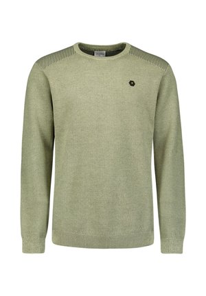 Lichtgroene gebreide trui met lange mouwen, geribbelde manchetten en accentuering op de schouders. Heeft een klein zwart hexagoonlogo op de borst.