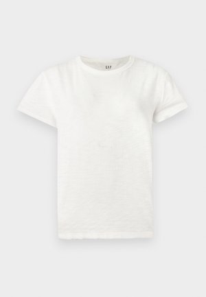 Schlichtes weißes T-Shirt mit kurzen Ärmeln und Rundhalsausschnitt aus weichem Stoff, präsentiert vor einem hellgrauen Hintergrund.