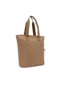 Brown nylon tote bag with two sturdy fabric handles, rectangular shape, smooth texture, and a small decorative pom-pom on the side.