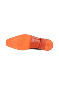 Leder-Schuhsohle mit einem braun-orangen Design. Verfügt über einen ausgeprägten Logo-Druck und eine geschwungene Form. Texturiert für Grip und Langlebigkeit.
