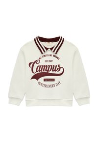 Biała bluza z burgundowymi akcentami, z kołnierzykiem, grafiką z napisem "Campus" oraz innymi detalami, z prążkowanymi mankietami.