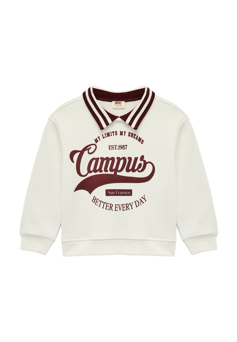 Biała bluza z burgundowymi akcentami, z kołnierzykiem, grafiką z napisem "Campus" oraz innymi detalami, z prążkowanymi mankietami.