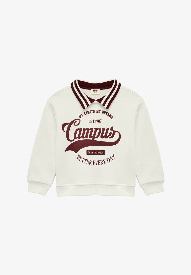 Biała bluza z burgundowymi akcentami, z kołnierzykiem, grafiką z napisem "Campus" oraz innymi detalami, z prążkowanymi mankietami.