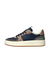 Navy and grey sneakers featuring a mix of leather and suede, white midsole, and brown rubber outsole. Highlighted with gold accents.