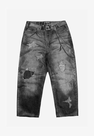 Fekete, mosott hatású farmernadrág szakadt foltokkal, jobb zseben lánc kiegészítővel, és laza, egyenes szárú fazonban.