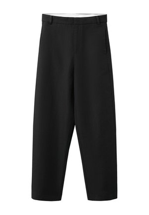 Pantaloni neri a gamba dritta con passanti per cintura, zip frontale e un design pulito e semplice, adatti per abbigliamento formale o casual.