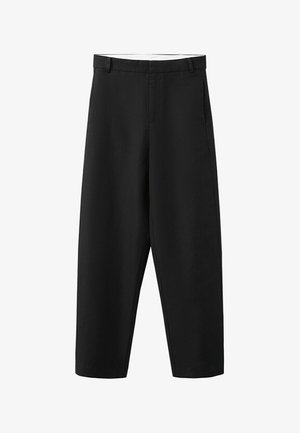 Zwarte rechte broek met lussen voor een riem, een voorrits en een strak, eenvoudig ontwerp dat geschikt is voor formeel of casual dragen.