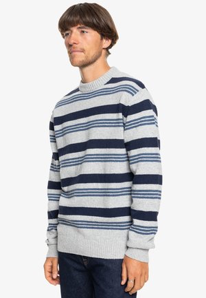 Gray striped sweater featuring navy and lighter blue horizontal stripes, round neckline, ribbed cuffs, and hem. Fabric appears soft and textured.