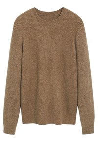 Suéter marrón de canalé con mangas largas y cuello redondo, con una textura suave y un corte relajado. Fabricado en tejido de punto.