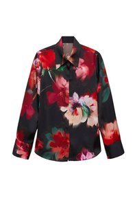 Blusa con stampa floreale realizzata in tessuto morbido. Presenta uno sfondo nero con fiori vivaci rossi, rosa e verdi. Collo strutturato e polsini con bottoni.