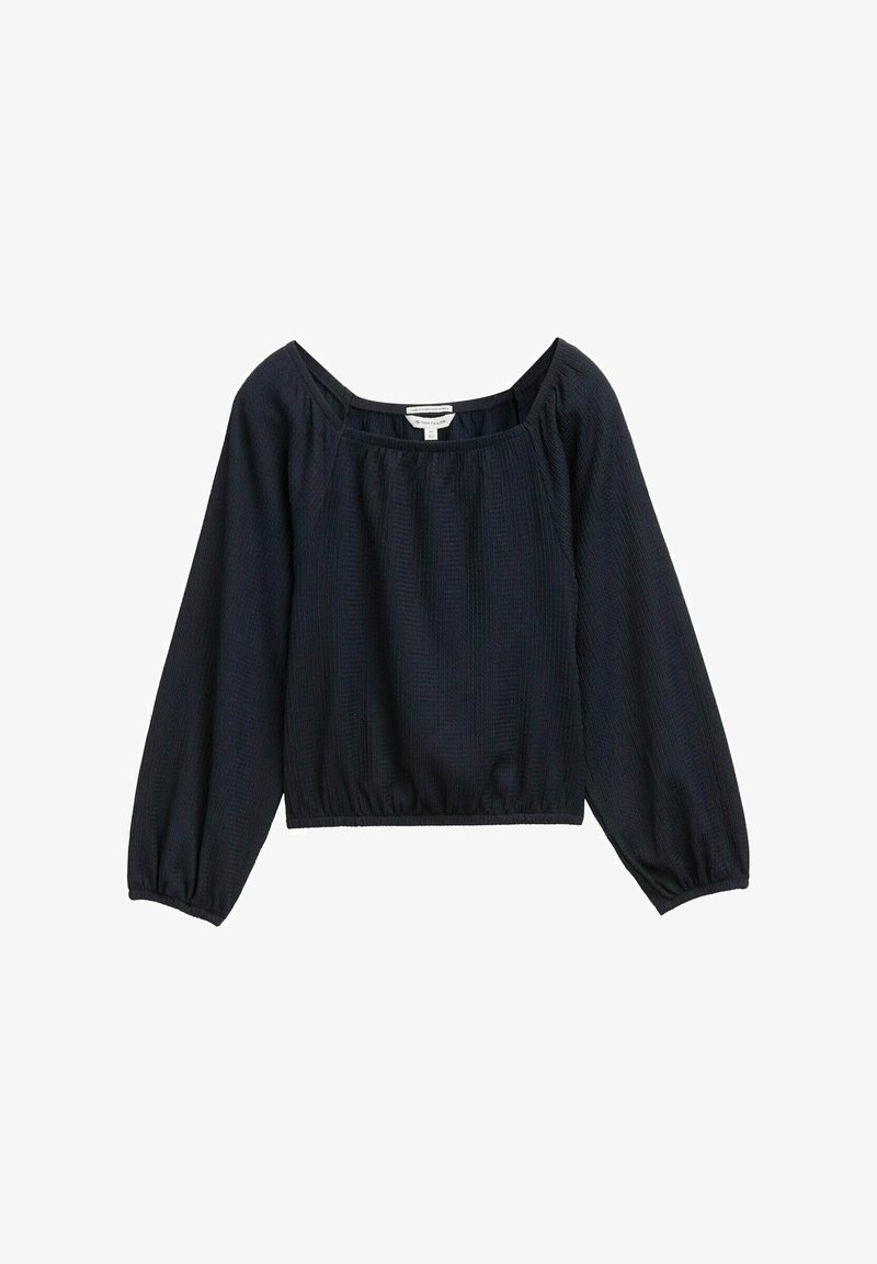 Marineblå, langærmet top med firkantet halsudskæring og samlede puffærmer. Stoffet har et struktureret mønster og en elastisk kant.