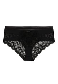 Des culottes noires en dentelle présentent un design floral en dentelle texturé, une taille en tissu lisse et des bords festonnés pour un attrait visuel détaillé.