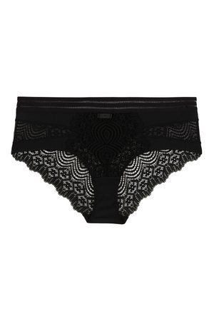 Des culottes noires en dentelle présentent un design floral en dentelle texturé, une taille en tissu lisse et des bords festonnés pour un attrait visuel détaillé.