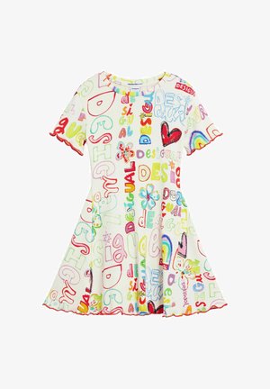 Šaty s krátkym rukávom a strihom do písmena A s bielym základom. Obsahujú farebný text a grafiku, lem so zvlnenými hranami a hravý potlač s kvetmi a dúhami.