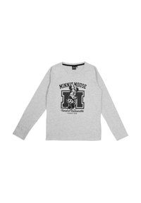 T-shirt grigio a maniche lunghe con grafica nera di Minnie Mouse e testo, scollatura rotonda e tessuto di cotone morbido.