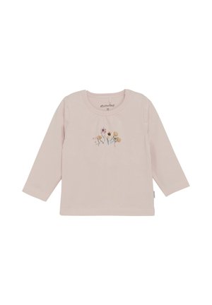 Lichtroze longsleeve shirt van zachte katoen, met een bloemenborduurontwerp in pastelkleuren op de voorkant. Eenvoudige ronde halslijn.