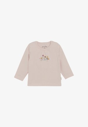 Hellrosa Langarmshirt aus weichem Baumwollstoff, mit einem floralen Stickdesign in Pastellfarben auf der Vorderseite. Einfacher Rundhalsausschnitt.