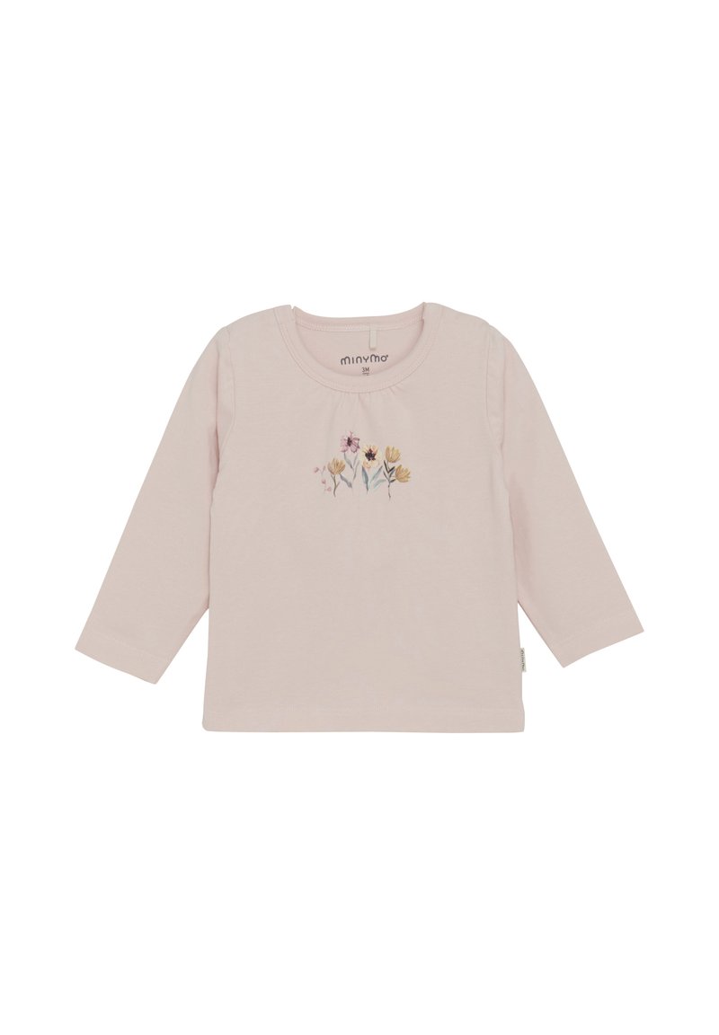 Hellrosa Langarmshirt aus weichem Baumwollstoff, mit einem floralen Stickdesign in Pastellfarben auf der Vorderseite. Einfacher Rundhalsausschnitt.
