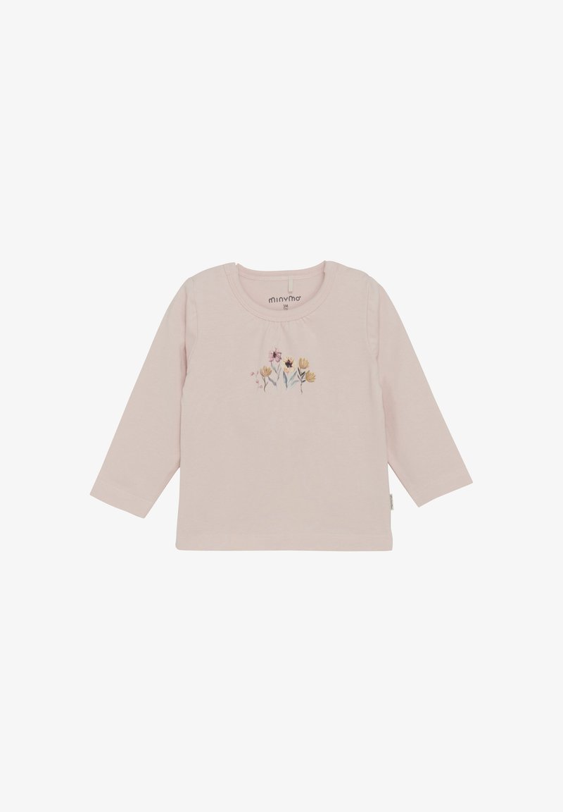 Hellrosa Langarmshirt aus weichem Baumwollstoff, mit einem floralen Stickdesign in Pastellfarben auf der Vorderseite. Einfacher Rundhalsausschnitt.