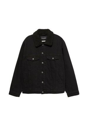 Fekete farmerdzseki gombos elülső résszel, két mellzsebbel, oldalzsebekkel és fekete sherpa gallérral.