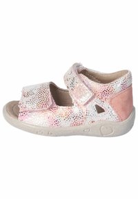 Sandal in pelle rosa chiaro con tomaia testurizzata e glitterata, cinturino in Velcro e suola in gomma con decorazioni a forma di cuore.