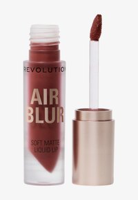 Myk matflytende leppestift i en transparent burgunderbeholder med gulltekst. Inkluderer en klar applikatorstang med en avrundet tupp.