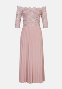 Off-shoulder dress featuring a lace bodice and pleated skirt in soft pink. The lace has floral patterns and three-quarter length sleeves.