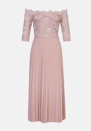 Oblačilo brez naramnic z čipkastim korpusom in nabranim krilom v mehki roza barvi. Čipka ima cvetlične vzorce in rokave do tri četrtine.