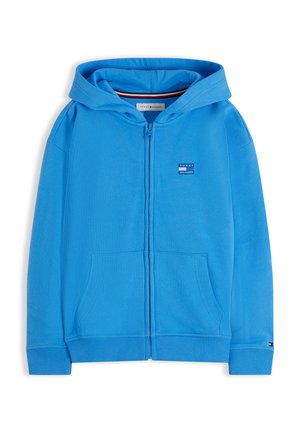 Világoskék cipzáras kapucnis pulóver első zsebekkel, kapucnival és kis Tommy Hilfiger logókkal a mellkason és a mandzsettán.
