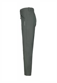 Pantalons d'extérieur verts en matériau léger. Ils présentent une poche latérale zippée, une coupe ajustée et des coutures renforcées pour la durabilité.