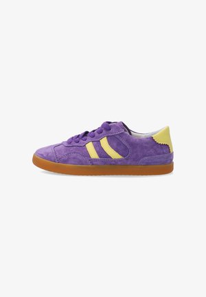 Purple suede sneaker with yellow stripes and heel tab, brown rubber sole, and purple laces, side view.