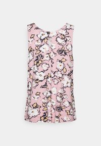 Kwiatowa, bezrękawnikowa bluzka w różowym kolorze z białymi i czarnymi wzorami kwiatowymi, z suwakiem w kształcie klucza z tyłu i luźnym krojem.