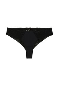 String noir en dentelle avec un panneau central lisse, mettant en valeur des accents de dentelle florale sur les côtés et une bordure festonnée le long de la taille.
